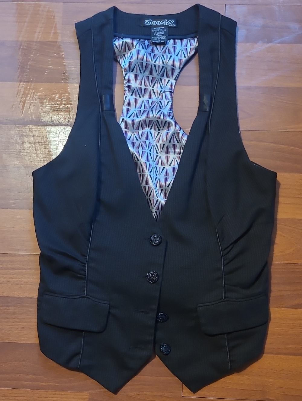 Stooshy Black Pinstripe Vest with Geometric Lining Accent